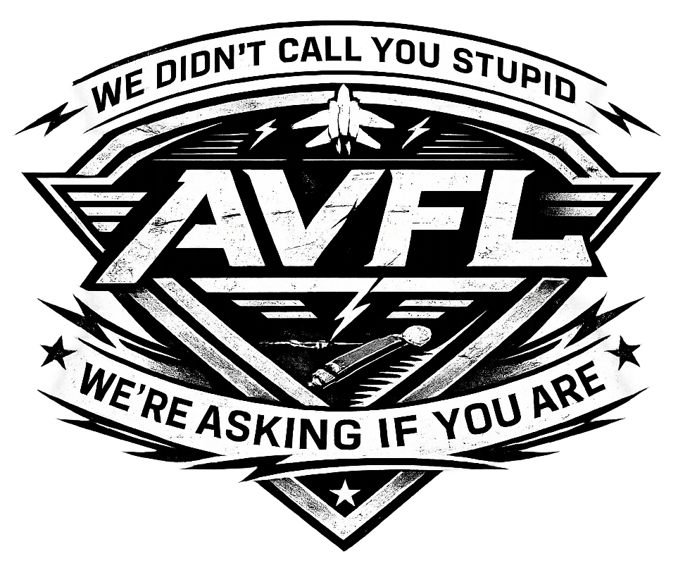 Logo for AVFL, a humorous aviation-related design, reading