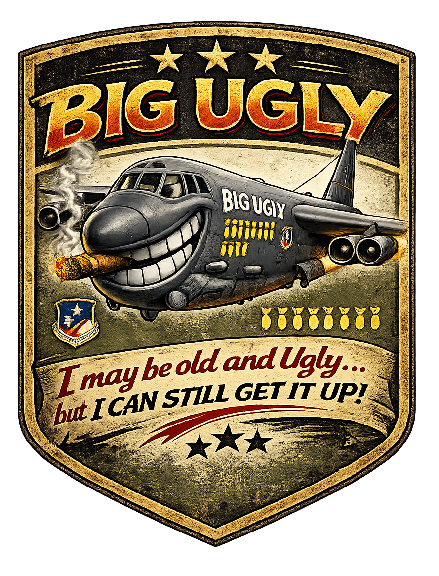 Emblem with a grinning cartoon plane labeled