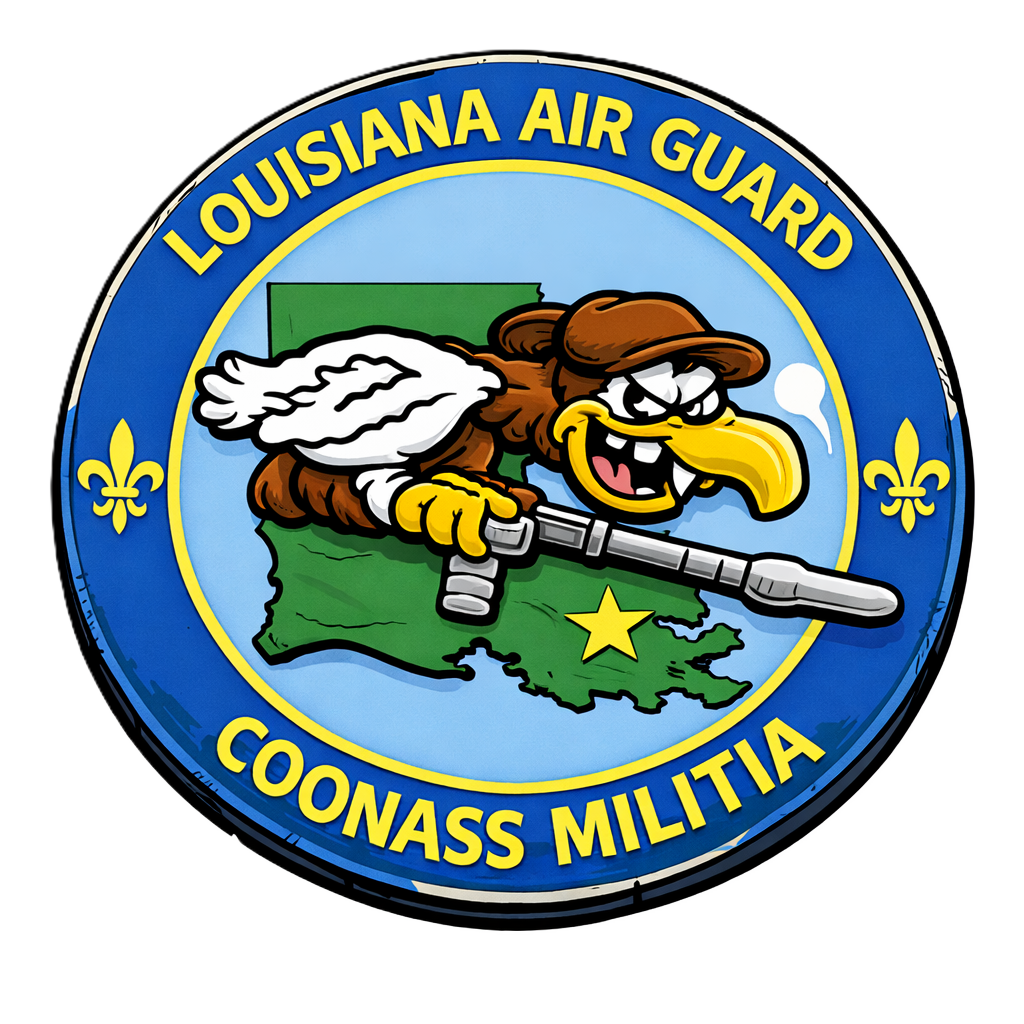 Circular patch with a cartoon eagle, a shotgun, and a map of Louisiana featuring two fleurs-de-lis and text.