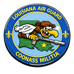A circular patch shows a cartoon bird in an aviator cap with a rifle over a Louisiana map, with the text 