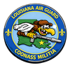 Louisiana Air Guard emblem with cartoon vulture flying over a green Louisiana map, holding a gun.
