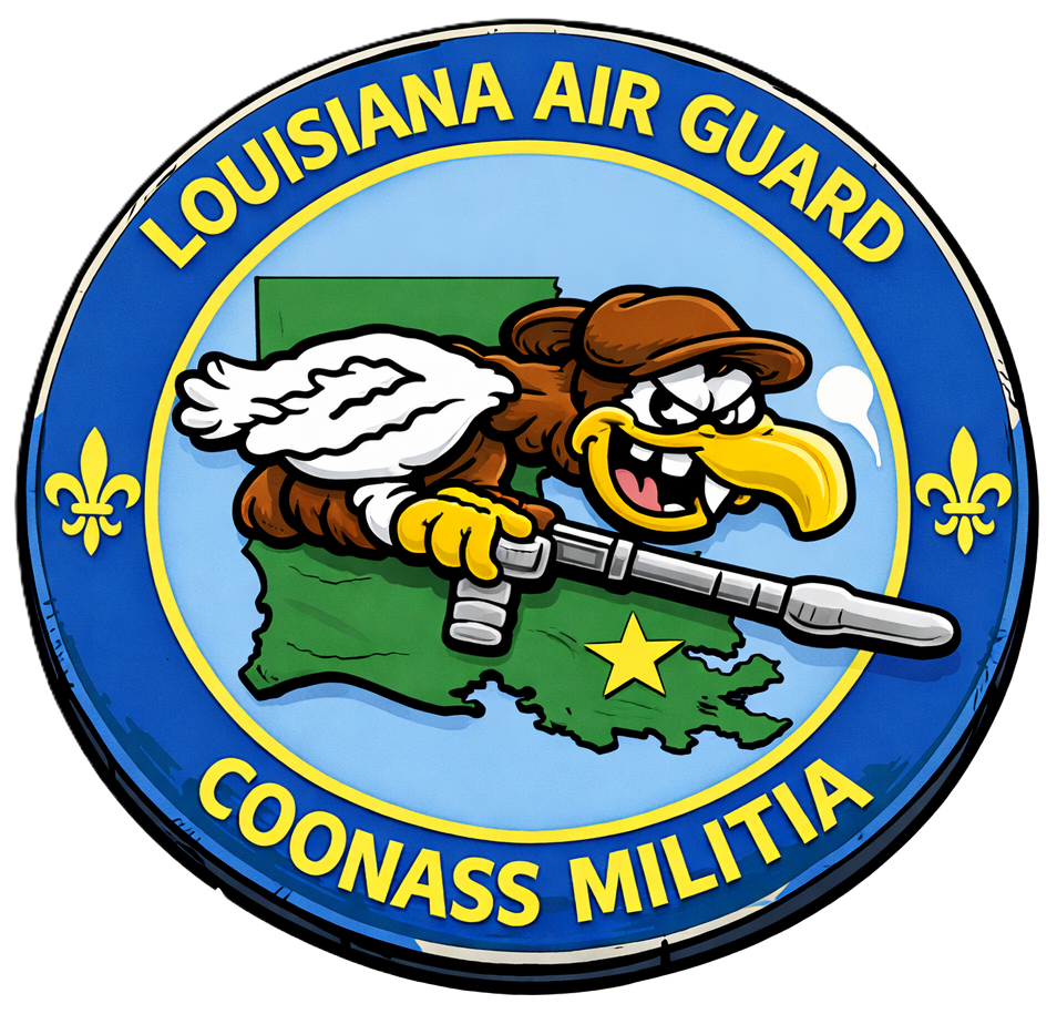 Louisiana Air Guard emblem with a cartoon pelican holding a gun over a map of Louisiana.