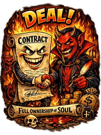 Devil and contract character shaking hands. Contract reads “Full Ownership of Soul” with flames, skull, and gold coins.