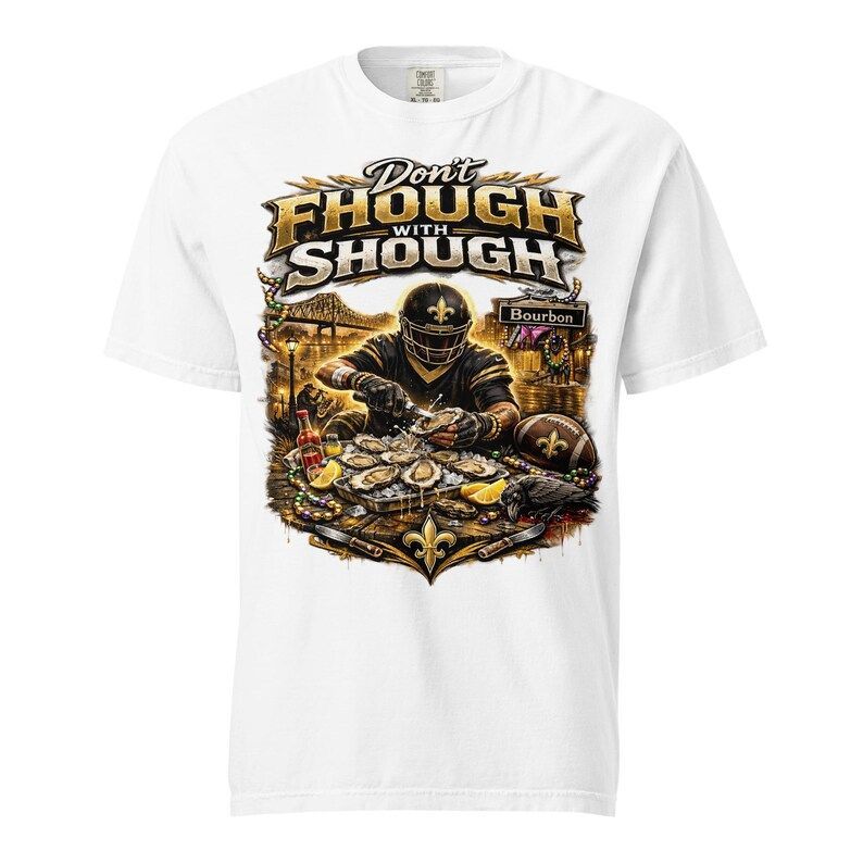 Football player shucking oysters in New Orleans. Text reads