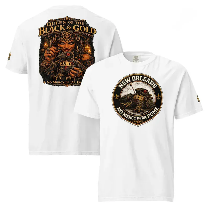 Queen of the Black & Gold graphic. Woman in gold jewelry holding raven, candles; text