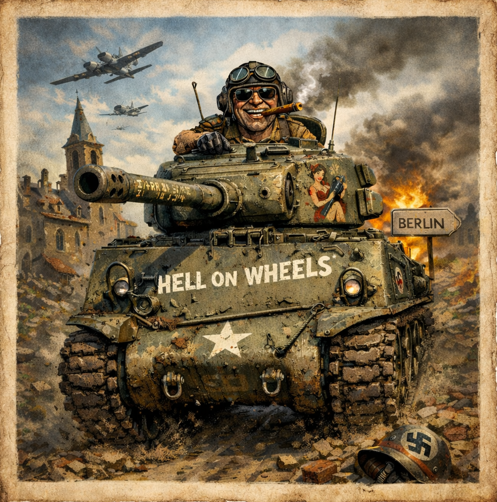 Smiling soldier in tank labeled