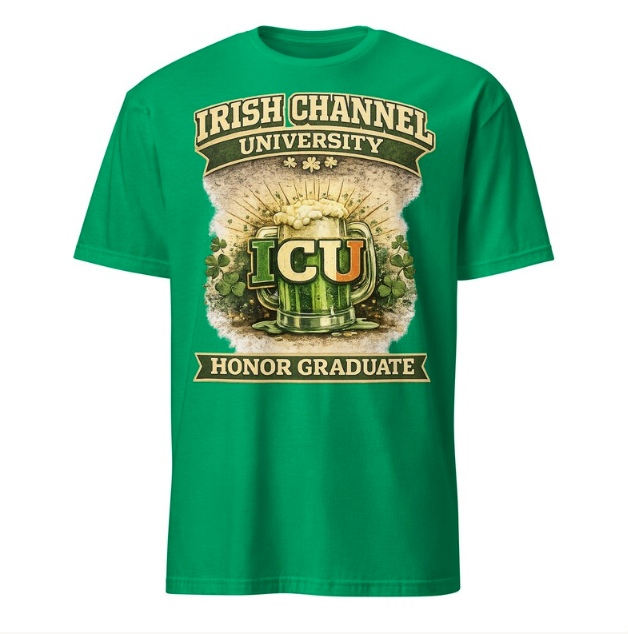 A green t-shirt featuring a beer mug graphic and the text