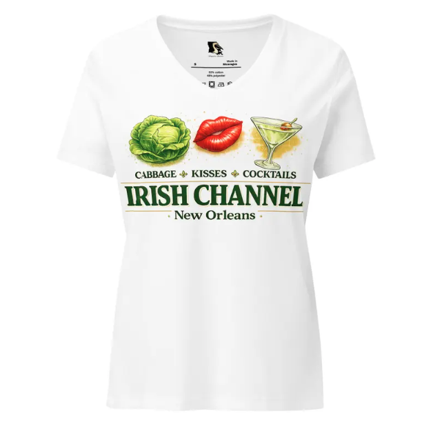 White V-neck t-shirt with a graphic of a cabbage, lips, and a cocktail, reading