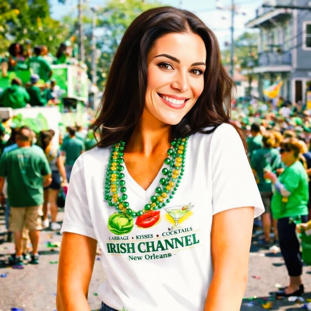 Woman in white shirt with Irish Channel logo, green beads; smiling in front of crowd at a St. Patrick's Day parade.