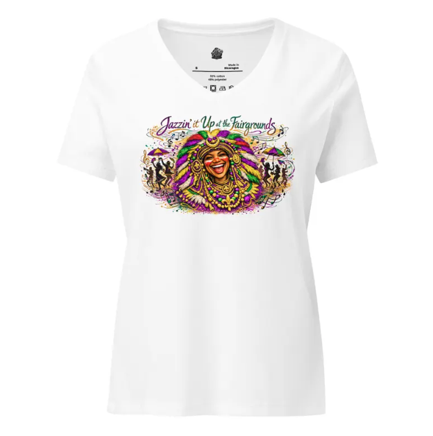 A white v-neck t-shirt featuring a colorful illustration of a person in festival attire with the text