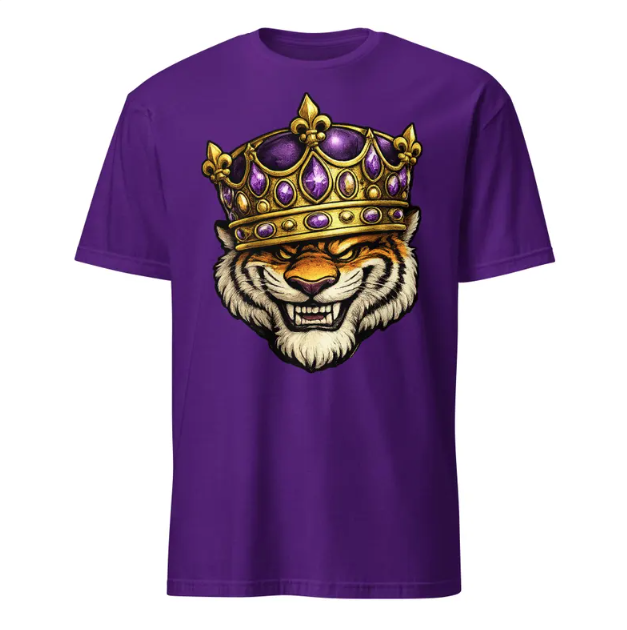 A purple t-shirt featuring a graphic of a tiger wearing a jeweled, gold crown with a fierce, smiling expression.