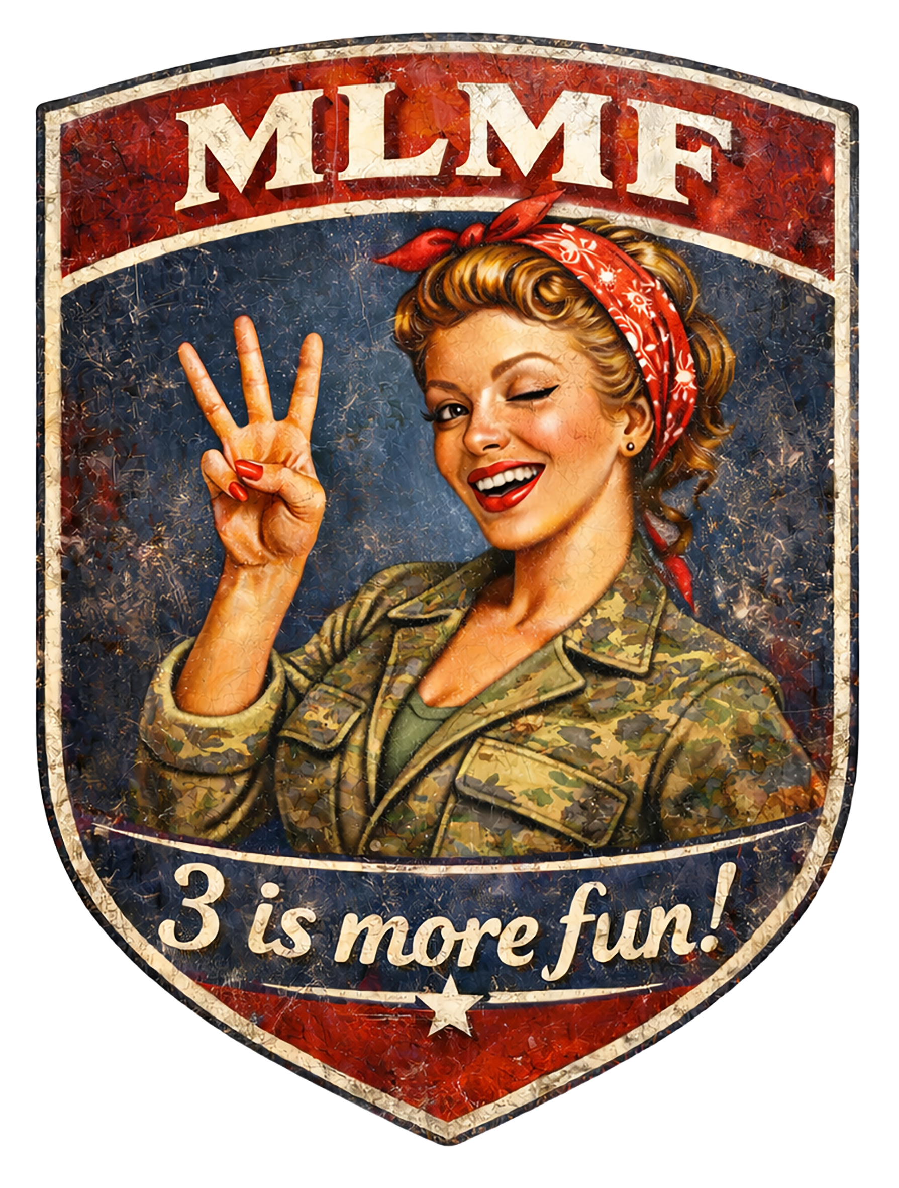 Retro style emblem with woman winking, giving peace sign. Text: MLMF,