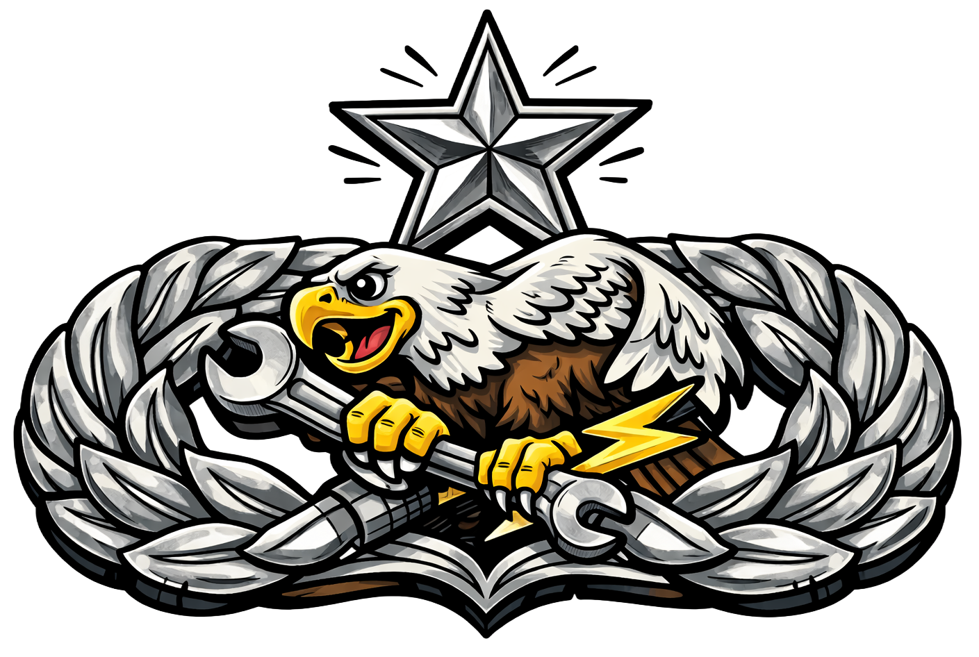 A silver insignia of an eagle holding a wrench, with a star above a wreath.