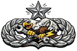 Silver emblem: eagle holding a wrench, lightning bolt, star on top, surrounded by a laurel wreath.