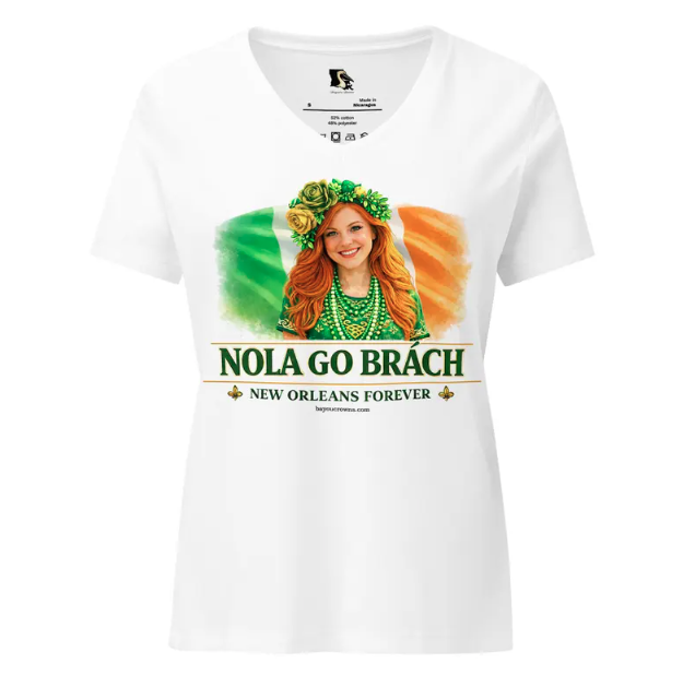 A white V-neck t-shirt featuring an Irish flag background, a smiling person with red hair, and the text