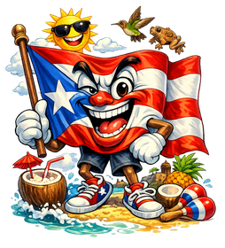 Animated Puerto Rican flag character on beach, holding flag, grinning. Sun, coconut drink, frog, hummingbird, pineapple.