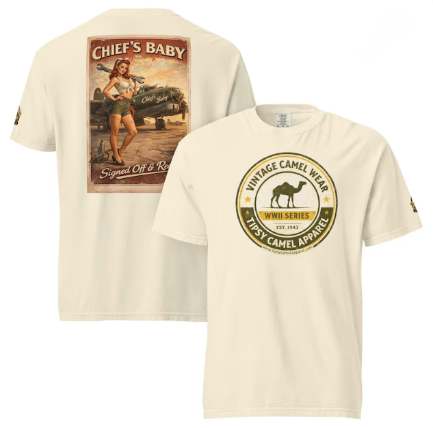 Pin-up girl with wrench stands near bomber plane,