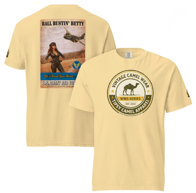 Vintage-style U.S. Army Air Forces recruitment poster. Woman in jumpsuit stands near an airplane, text