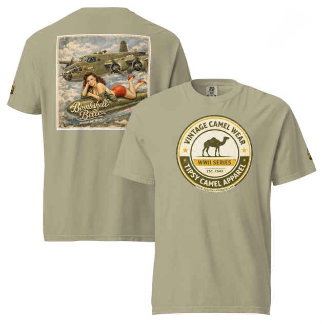 Pin-up girl reclining on a bomb, bomber plane in background,