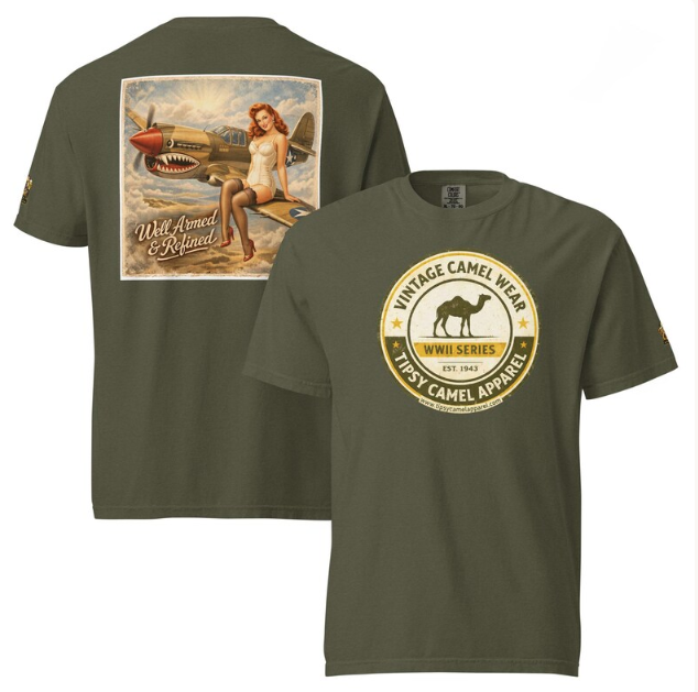 Woman in lingerie sits on a P-40 Warhawk fighter plane, text reads