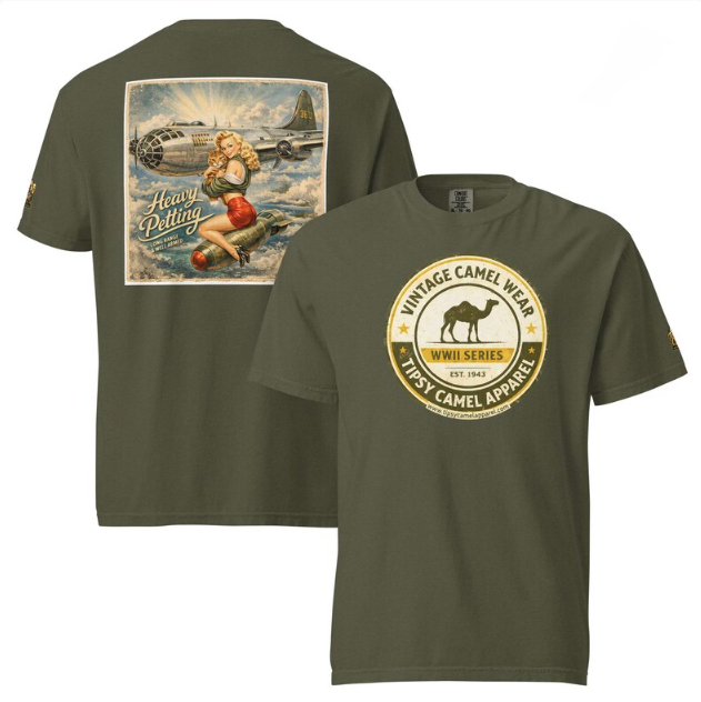 Blonde woman riding a bomb, holding a cat, near a B-29 bomber plane in a vintage style poster.