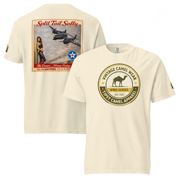 Front and back views of a cream t-shirt featuring a vintage airplane graphic on the back and a camel logo on the front.