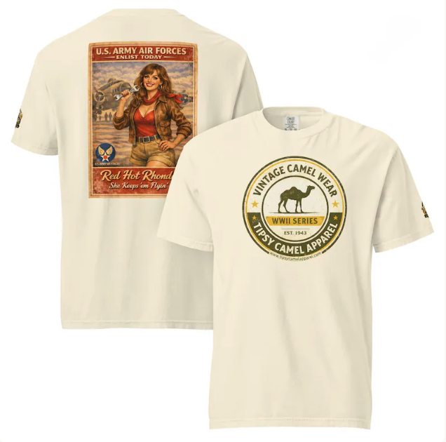 Vintage U.S. Army Air Forces recruitment poster. Woman in shorts and jacket, holding a wrench, in front of a bomber plane.