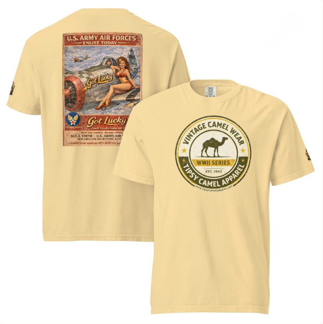 WWII-era poster: woman in bikini on airplane,