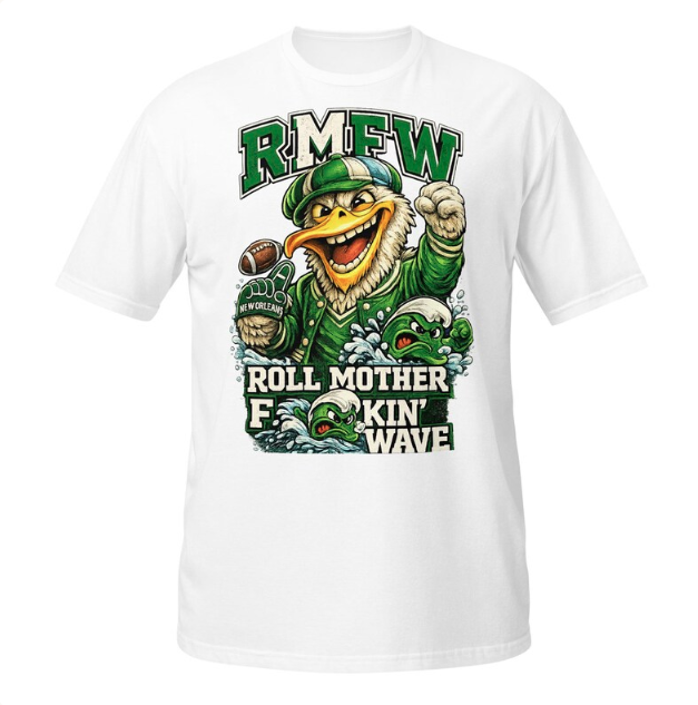 Mascot duck in green, holds football, waves, with text