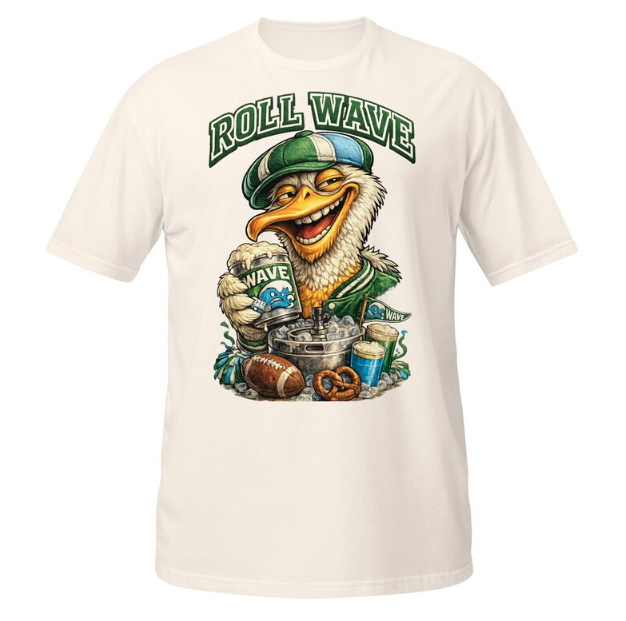 Smiling seagull in a green hat, holding a beer, keg, and football, with