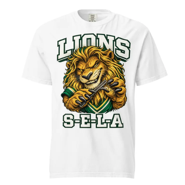 Logo featuring an angry, yellow lion in a green jersey sharpening a blade, with