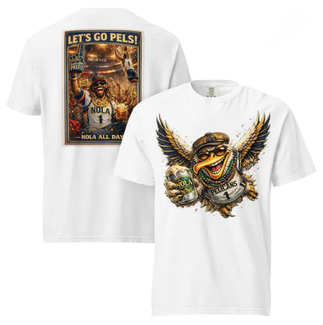 White t-shirt showing a Pelican mascot with a beverage on the front and a fan at a NOLA basketball game on the back.