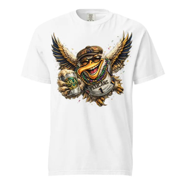 Pelicans mascot with beer, wearing a jersey and beads, smiling widely.