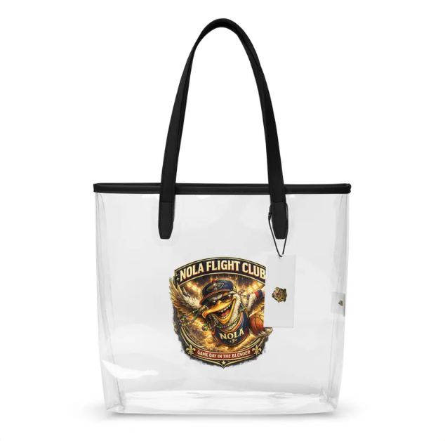 A clear plastic tote bag featuring a