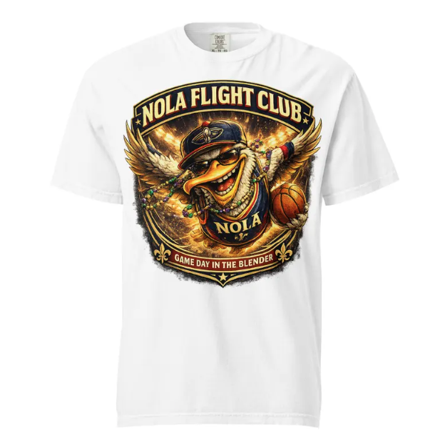 Logo for NOLA Flight Club with a smiling, anthropomorphic pelican wearing a cap and holding a basketball.