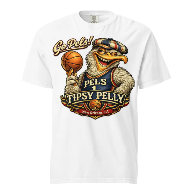 Tipsy Pelley mascot winking, holding a basketball, wearing a cap and jersey,