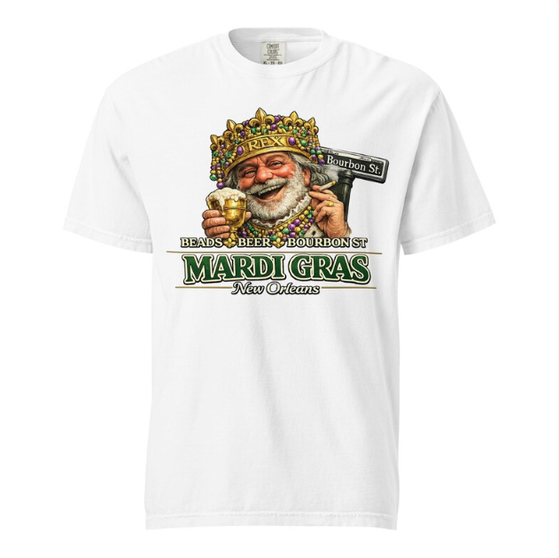 An illustrated, bearded king wearing a crown and beads, holding a beer, next to a Bourbon St. sign, over Mardi Gras text.