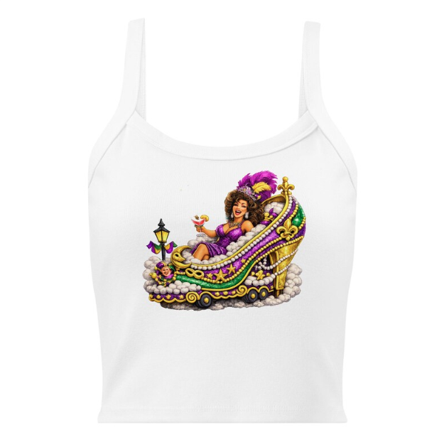 A white tank top featuring a graphic of a person sitting in a purple, gold, and green shoe-shaped Mardi Gras parade float.