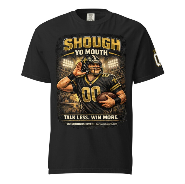 A football player in a black and gold uniform with number 00, cupping an ear on a stadium field. Text: