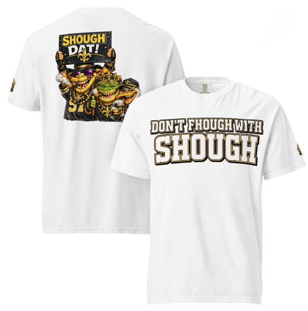 Three cartoonish creatures in Saints gear, holding a sign that says