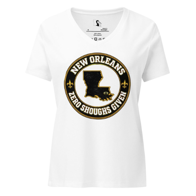 White V-neck t-shirt with a graphic of the Louisiana state outline, gold fleur-de-lis, and the text