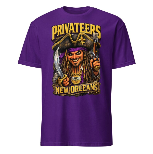 A purple t-shirt featuring a pirate illustration with a sword, pistol, and the text