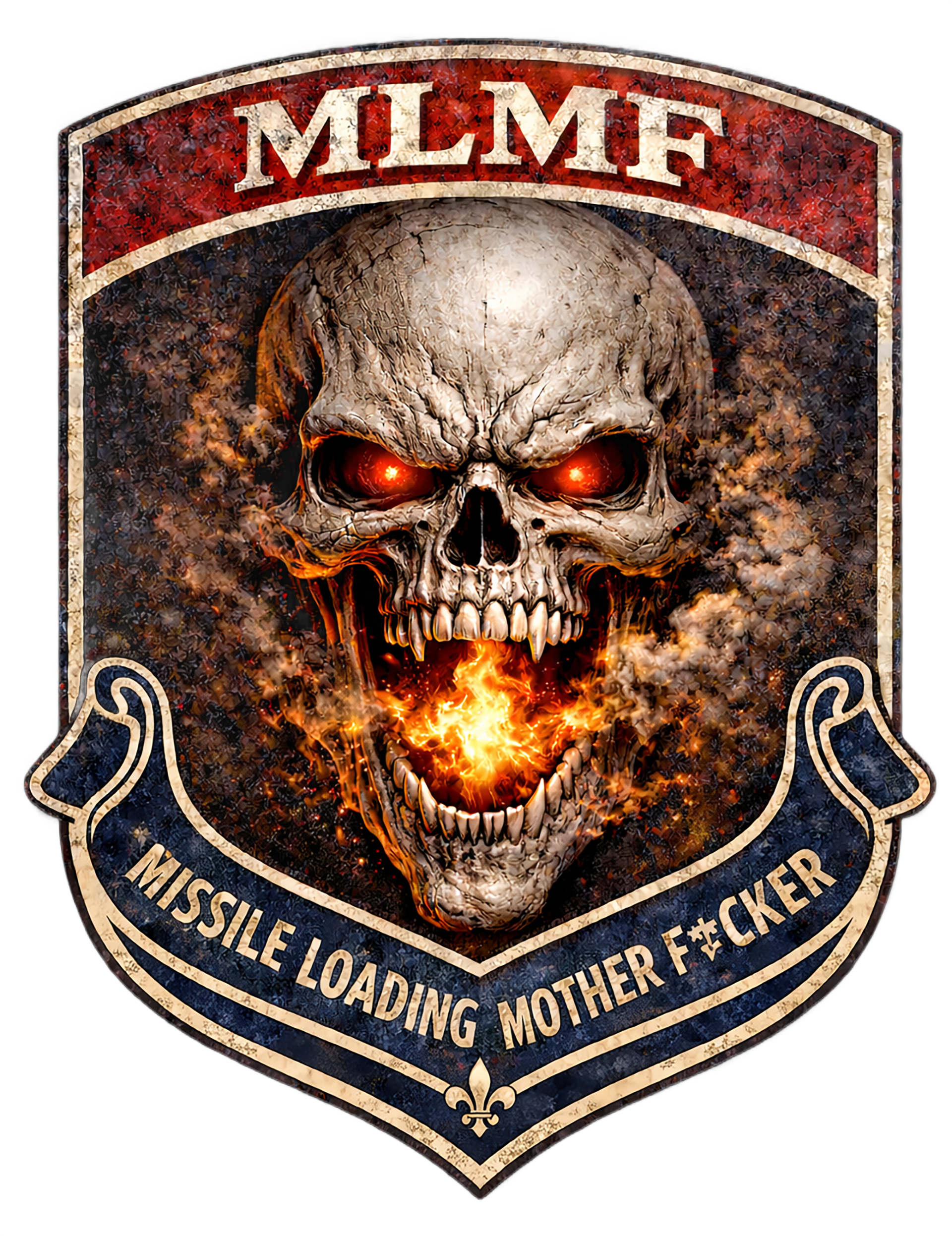 Skull with red eyes and flames, text