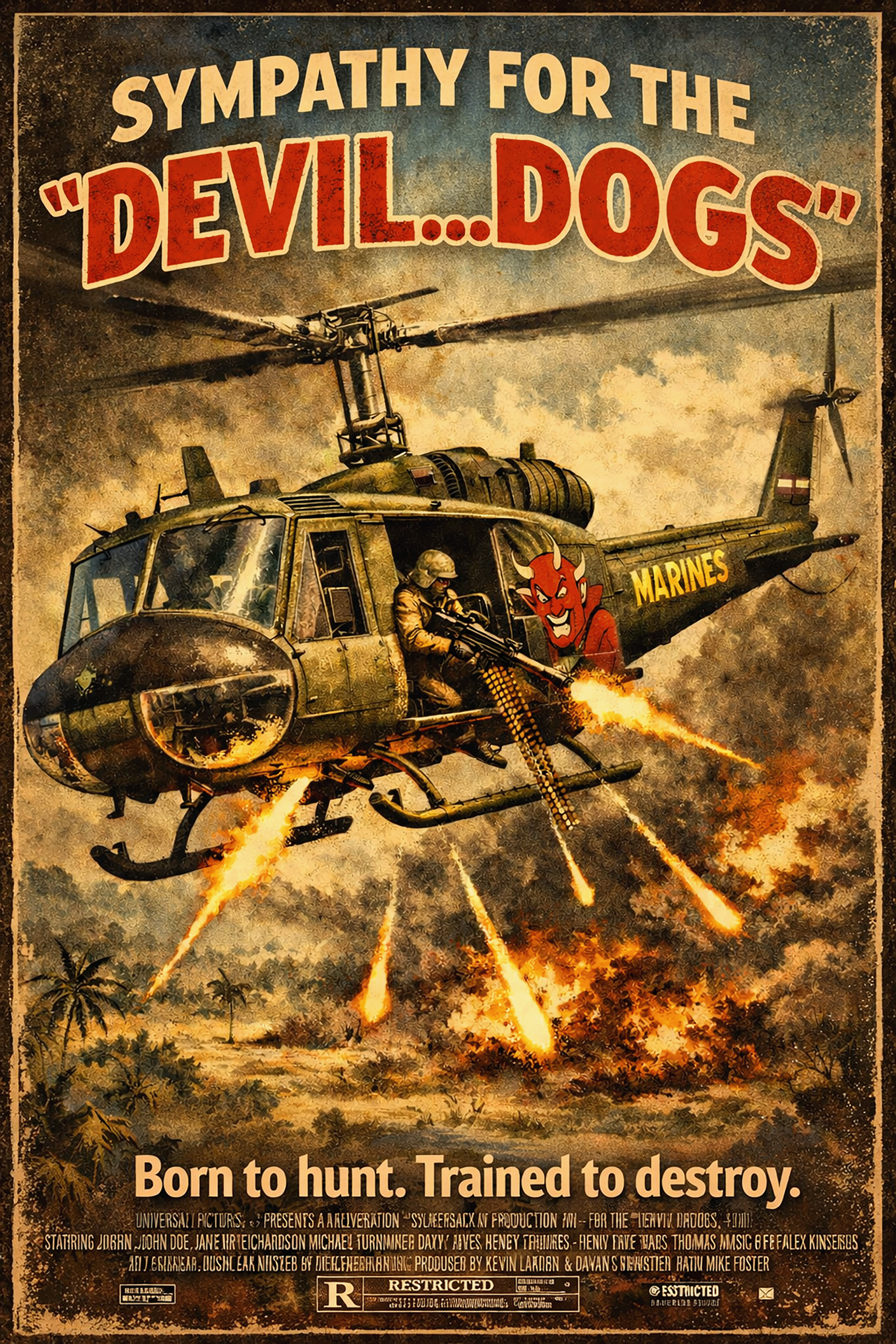 A stylized war poster featuring a helicopter firing on a jungle scene, with a cartoon devil and the text