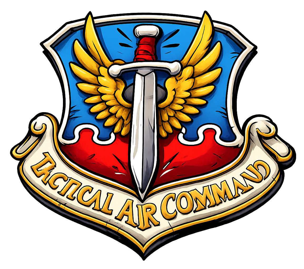 Emblem of the Tactical Air Command: sword, golden wings, red and blue shield with text.