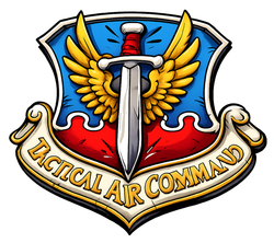 Emblem of the Tactical Air Command: sword, golden wings, red and blue shield with text.