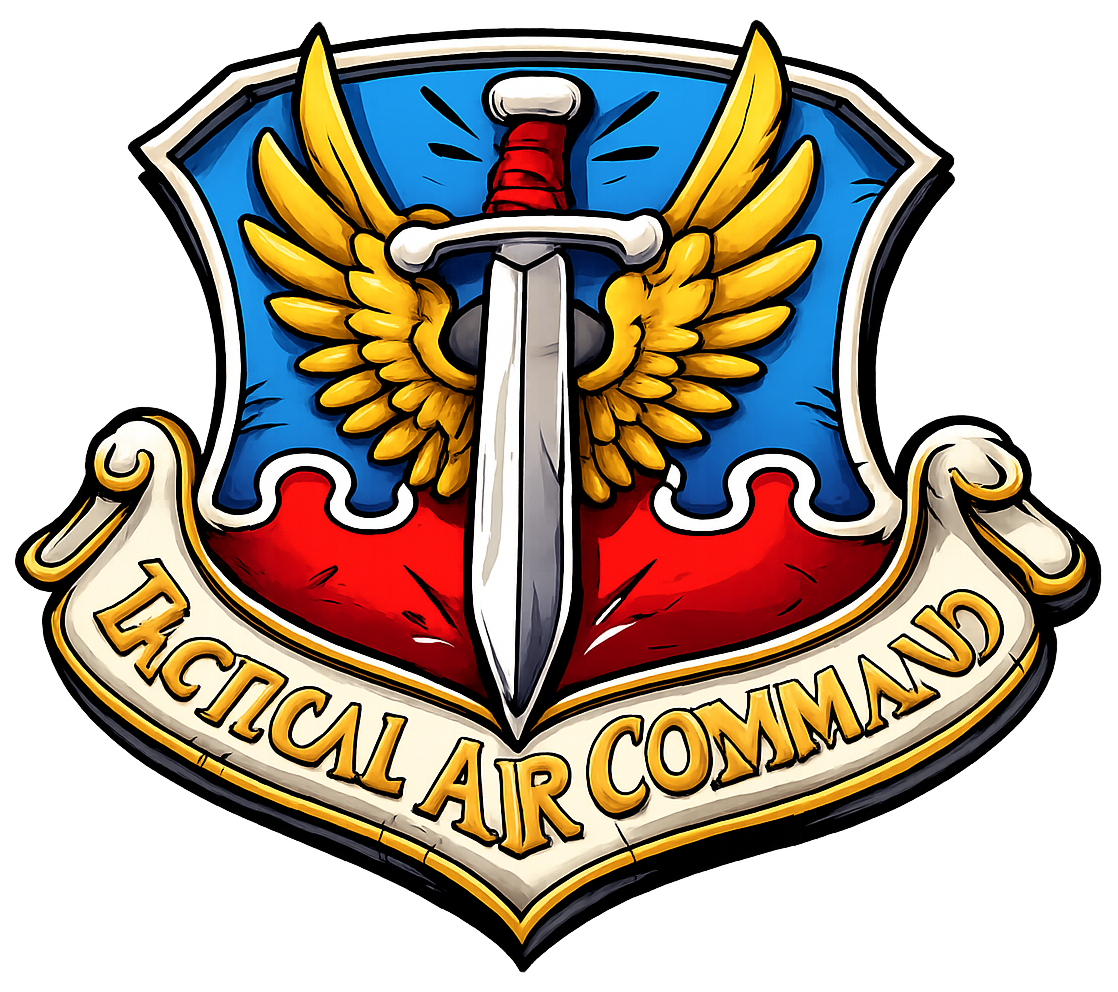 Tactical Air Command emblem with a sword through wings, blue and red shield, and banner with text.