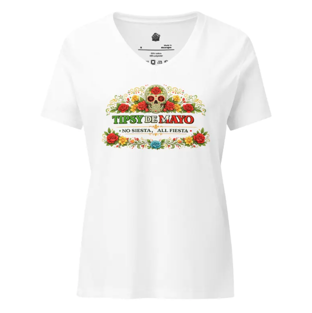 A white V-neck t-shirt featuring a colorful graphic of a sugar skull with floral accents and text reading