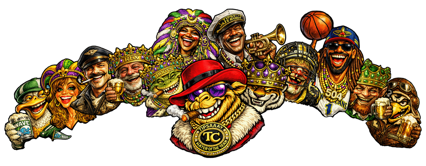 Mardi Gras-themed illustration with costumed characters, celebrating.