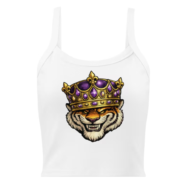 A tiger with a mischievous, snarling expression wearing a detailed gold crown adorned with purple jewels.